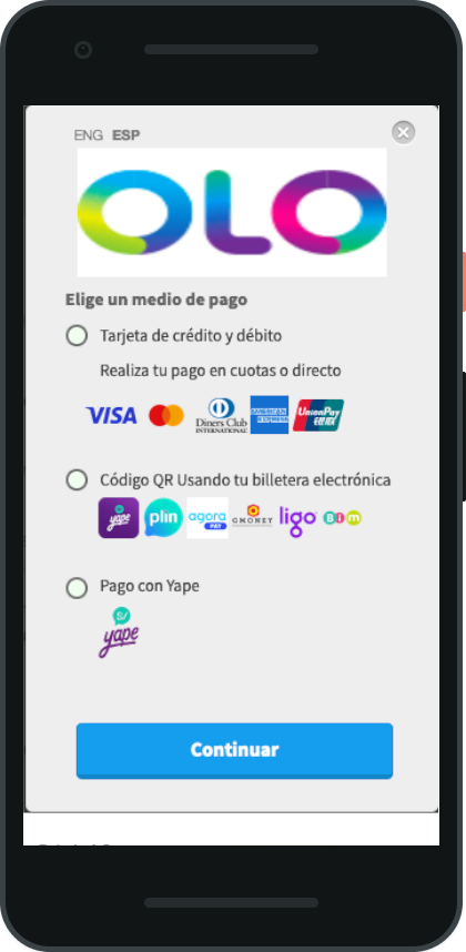 Pantalla olo, elige tu medio de pago